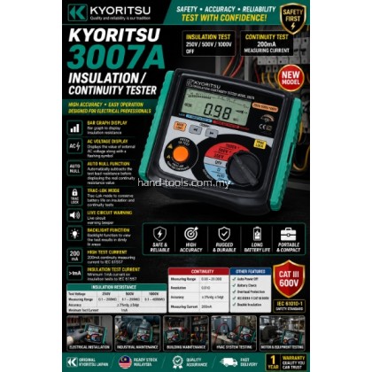 Kyoritsu 3007A Kyoritsu 3007A Penguji Penebat & Kesinambungan Digital | 1000V, 200MΩ | Penguji Elektrik Profesional Insulation/Continuity Tester Kyoritsu 3007A Kyoritsu 3007A Penguji Penebat & Kesinambungan Digital | 1000V, 200MΩ | Penguji Elektrik Profesional Insulation/Continuity Tester